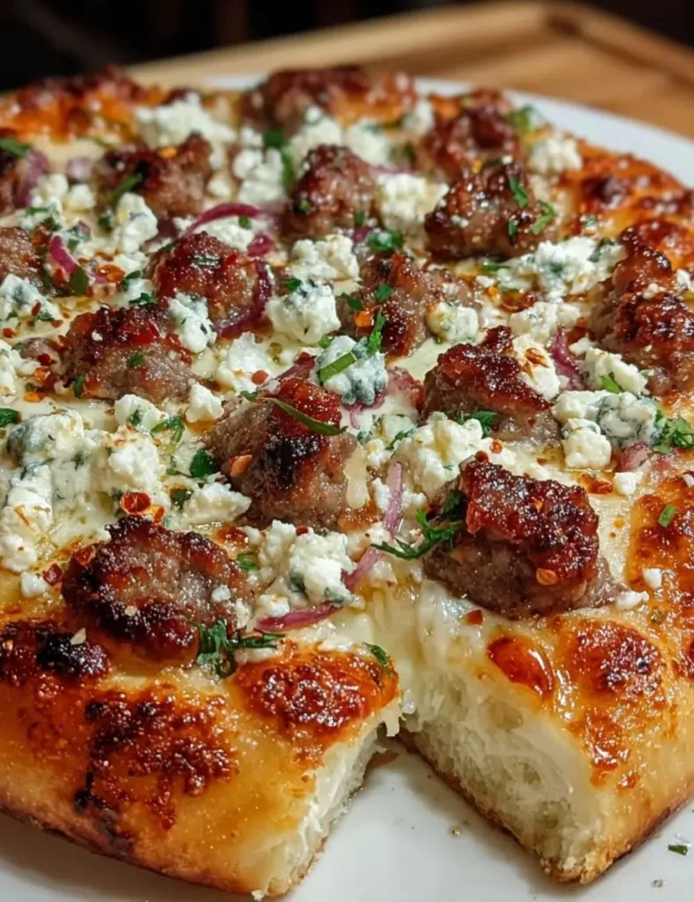 Hot Sausage Feta Honey Pizza with a savory sausage topping and honey drizzle
