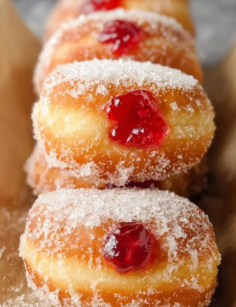 Assorted jelly donuts with colorful fillings on a rustic wooden table