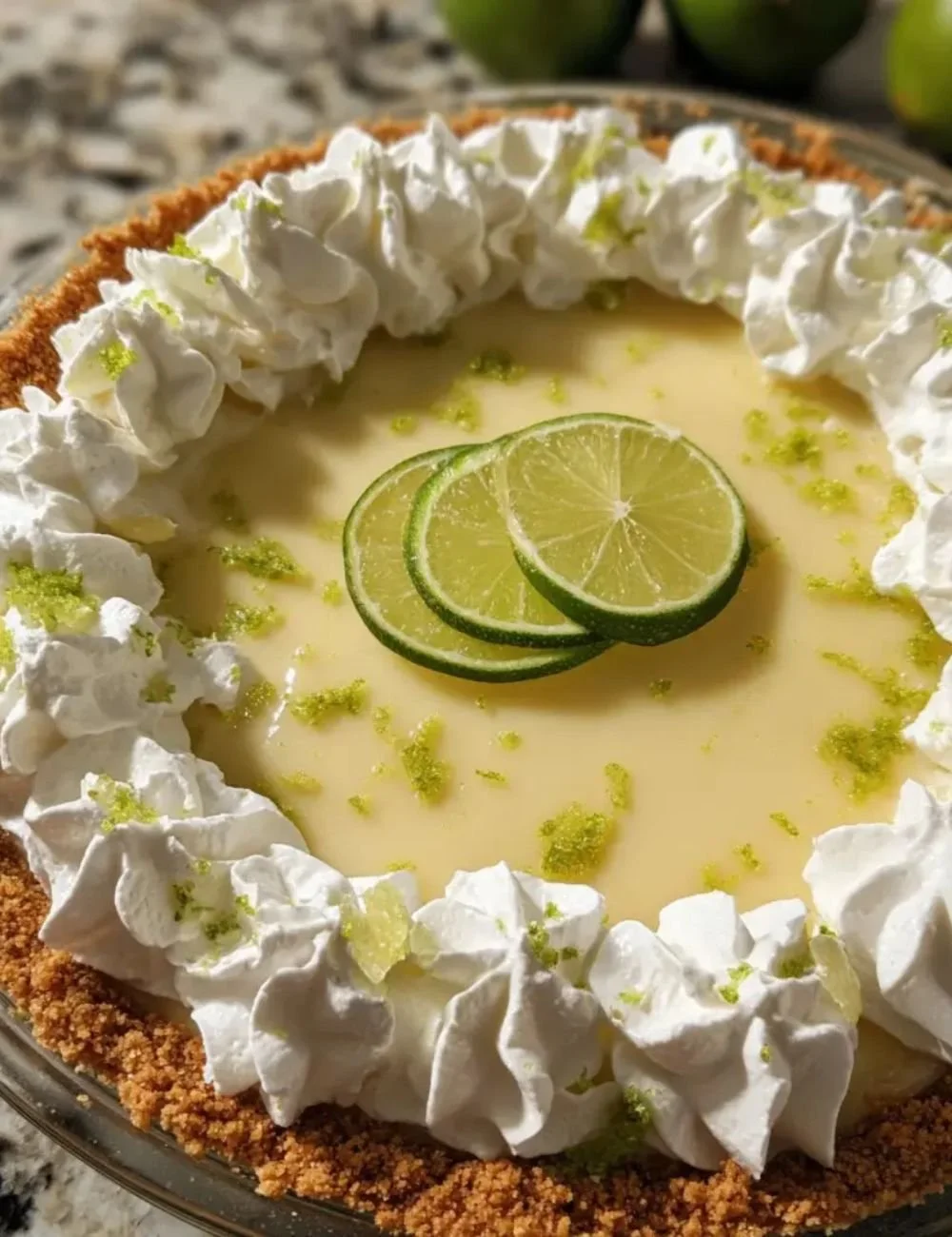 Delicious Key Lime Pie Dessert served on a plate with a slice cut out.