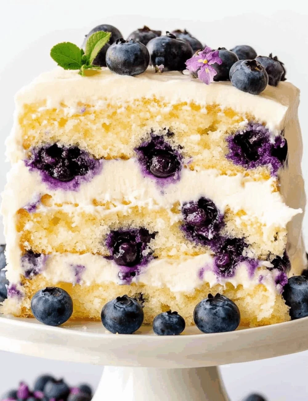 Lemon Blueberry Layer Cake with fresh blueberries and lemon slices on top