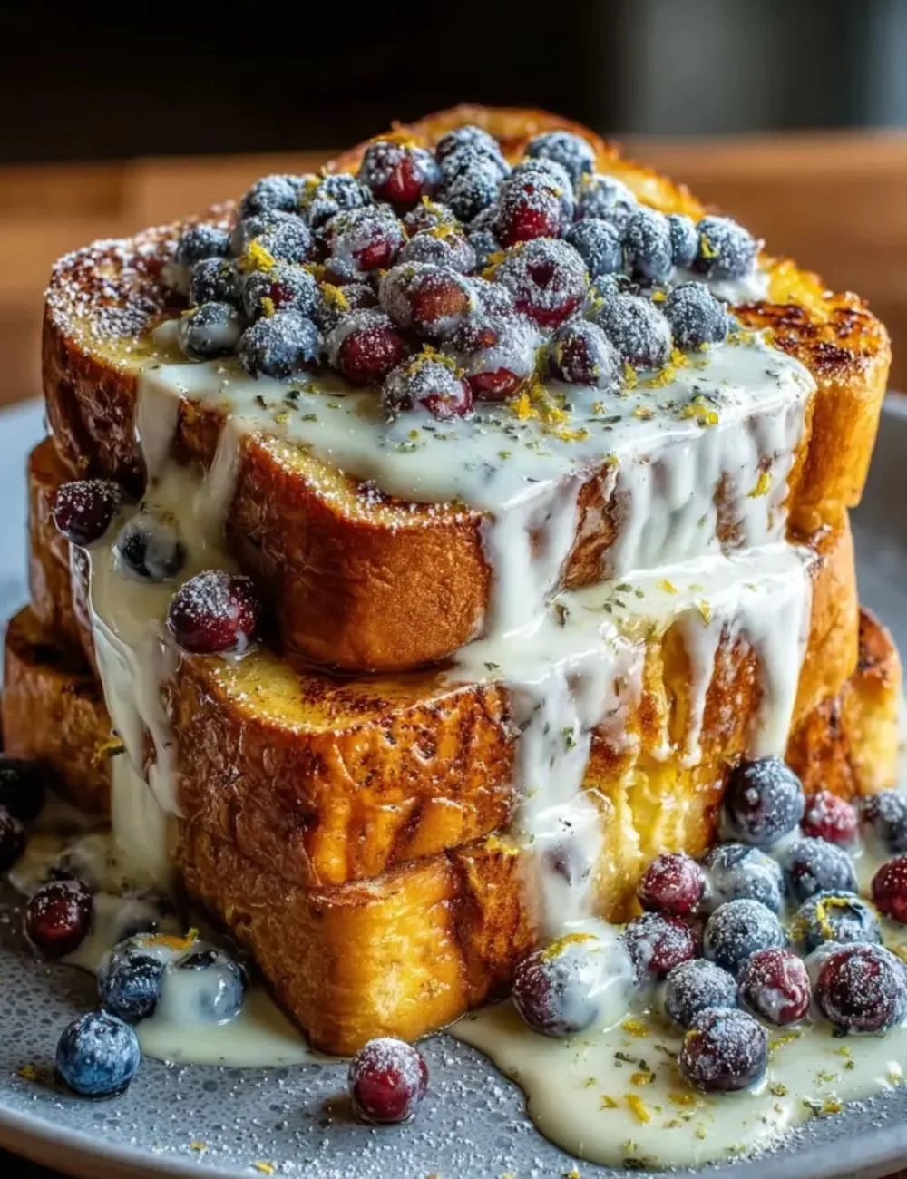 Delicious Lemon Blueberry Sourdough Toast topped with fresh blueberries