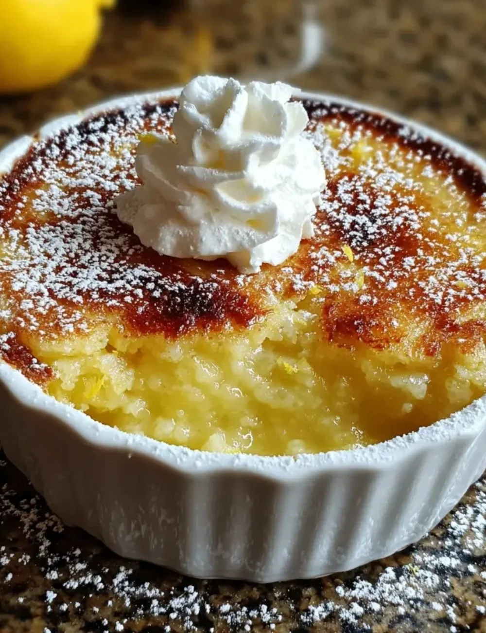 Delicious lemon cobbler dessert served in a bright yellow dish