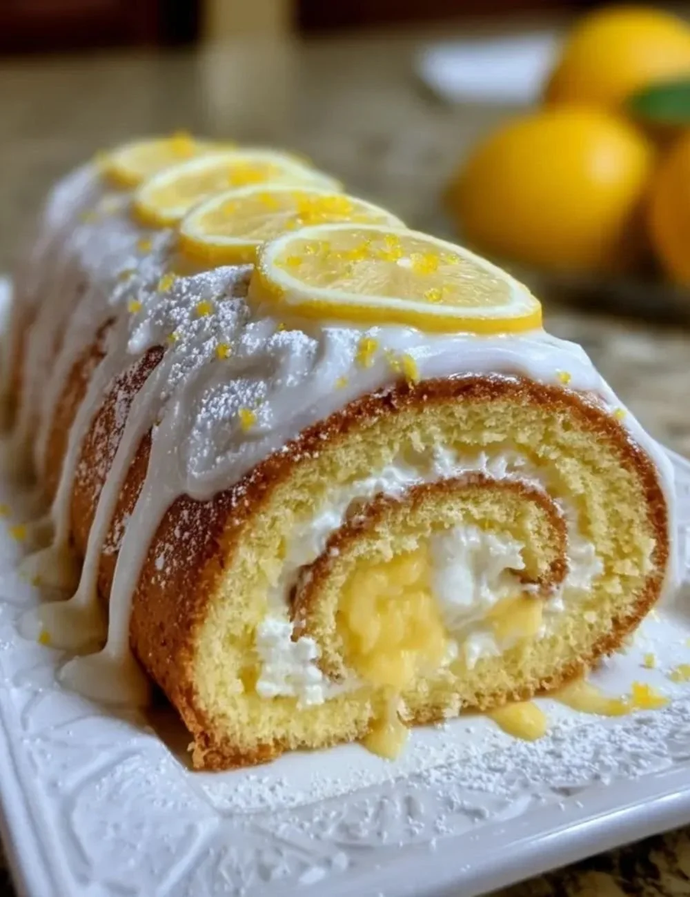 Lemon Cream Roll Cake drizzled with zesty lemon glaze on a white plate