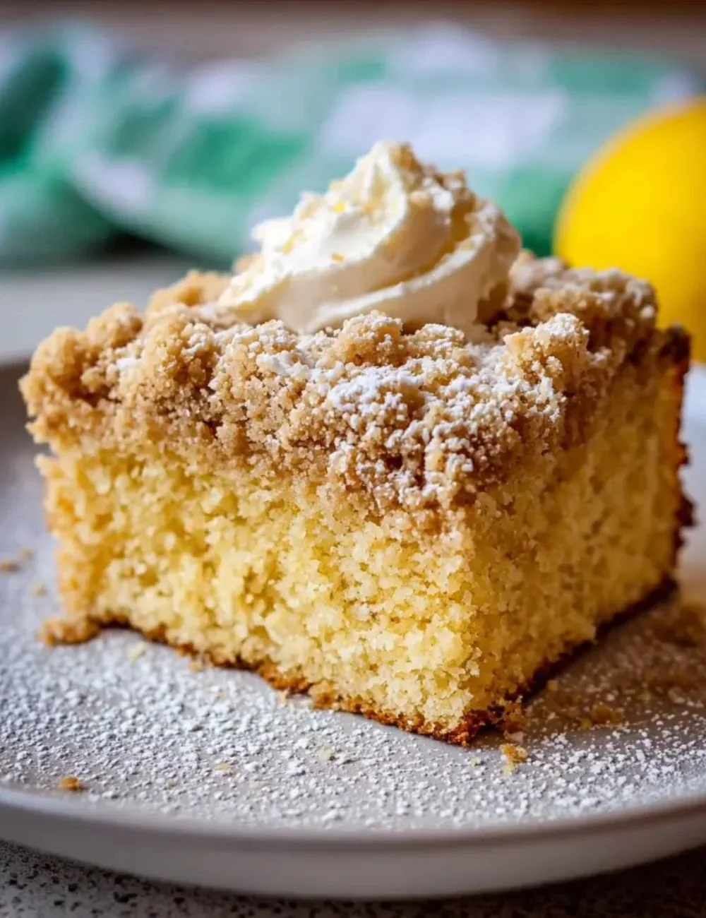 Lemon Crumb Coffee Cake topped with crumbly lemon zest streusel