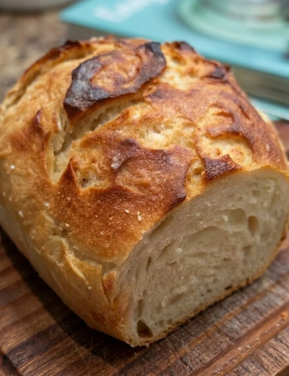 Freshly baked one-day sourdough bread on a wooden cutting board