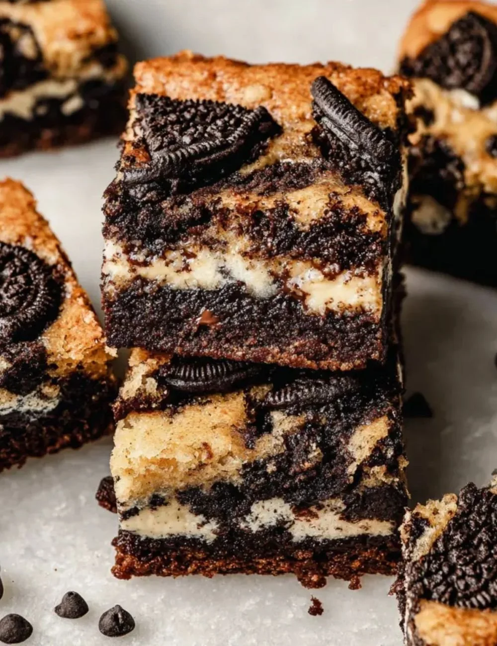 Delicious Oreo Brookies Bars with layers of brownie and cookies topped with Oreos