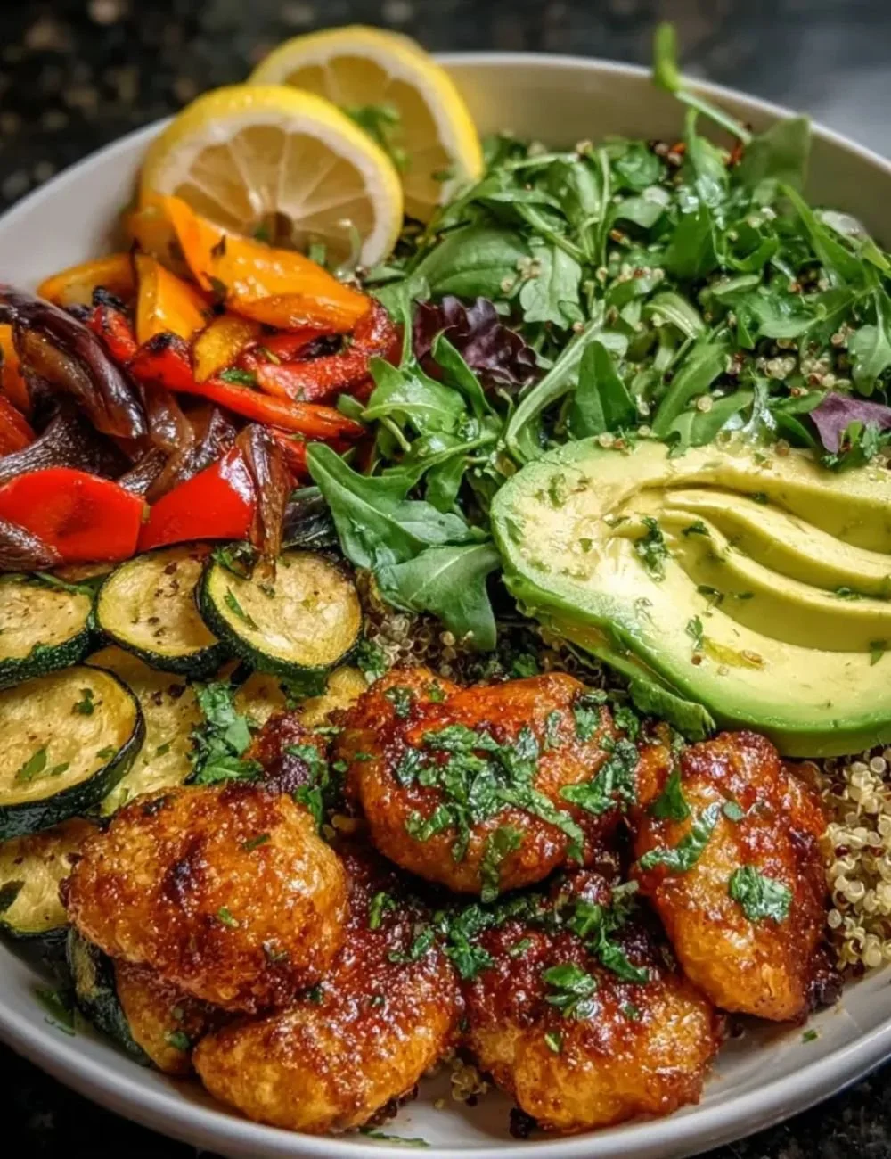 Bowl of paprika roasted vegetable quinoa topped with fresh herbs