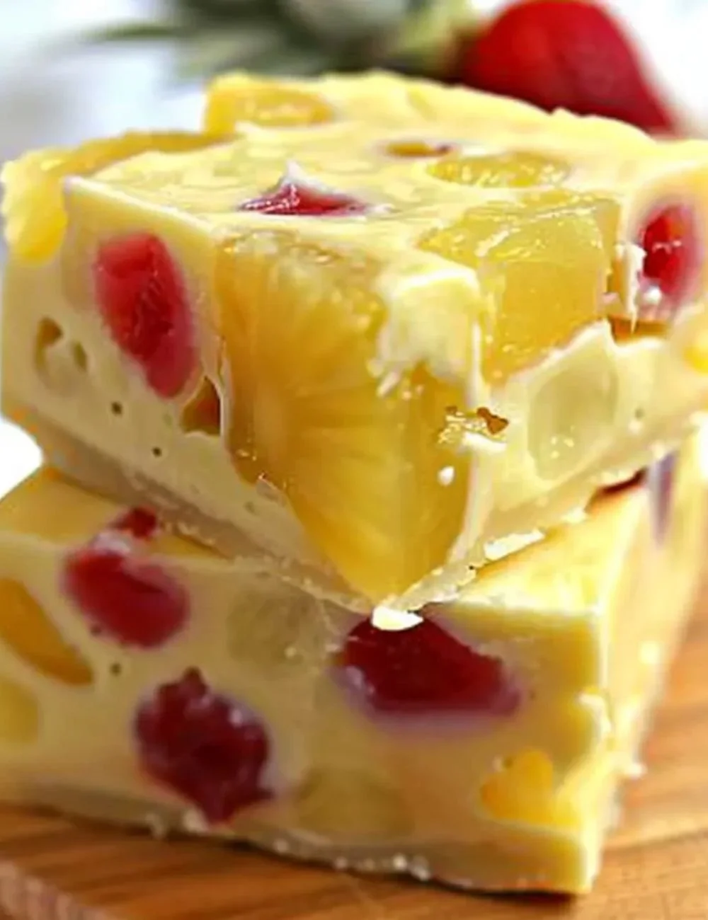 Delicious Pineapple Upside Down Cake Fudge square on a plate with a slice of pineapple.