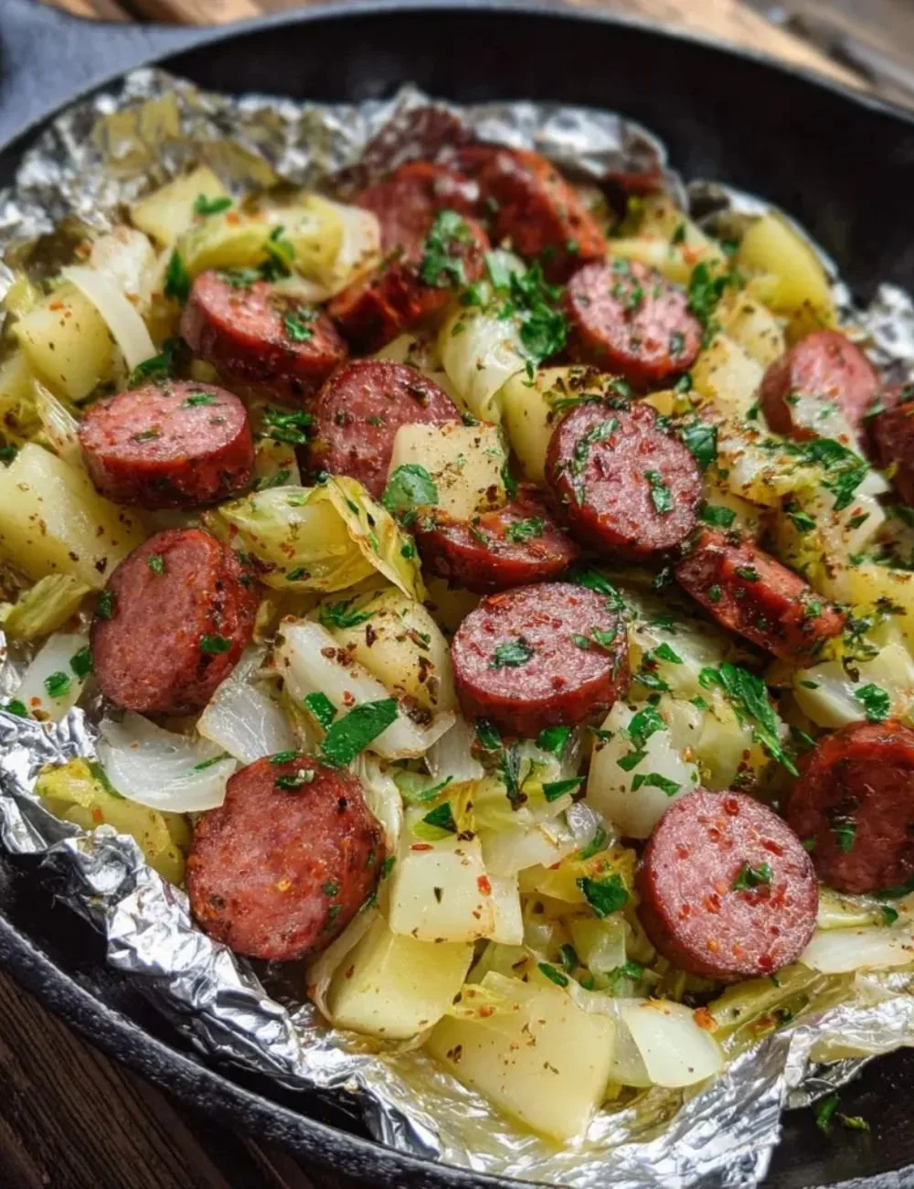 Sausage and cabbage foil packs prepared on a grill, showcasing vibrant veggies and sausages.