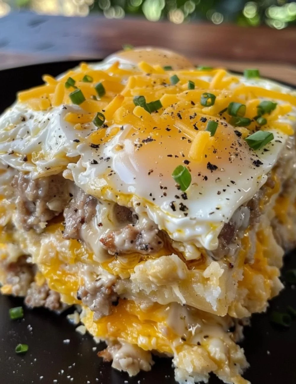 Sausage, egg, and cream cheese hashbrown casserole served in a dish.