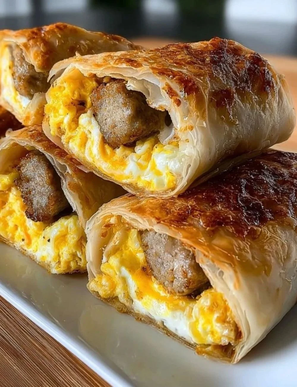 Sausage egg breakfast rolls on a plate, golden and delicious.