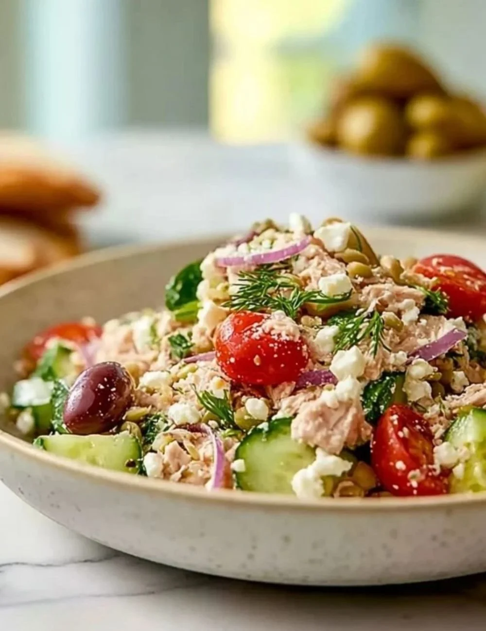Delicious Mediterranean Tuna Salad with fresh vegetables and herbs