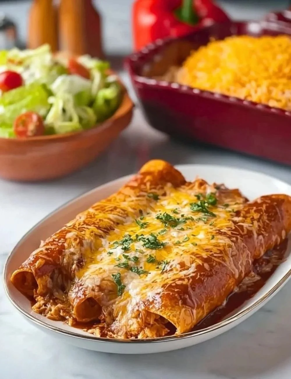 Delicious simple rotisserie chicken enchiladas topped with cheese and salsa.