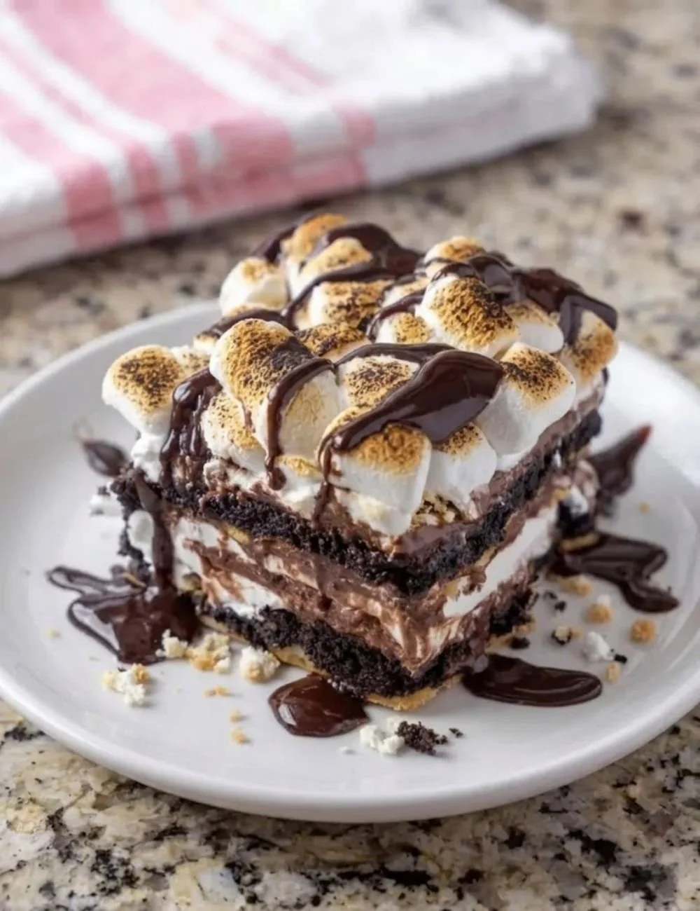 Delicious S'mores Lasagna with layers of chocolate, marshmallows, and graham crackers
