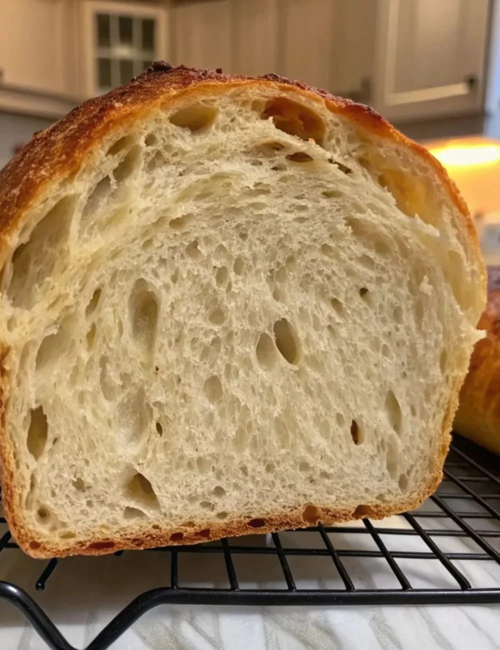 Freshly baked Soft & Golden Sourdough Loaf on a wooden table