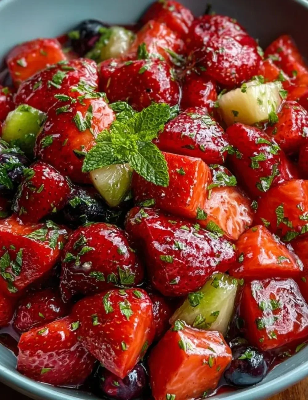 Delicious strawberry lemonade fruit salad with fresh strawberries and lemon slices.
