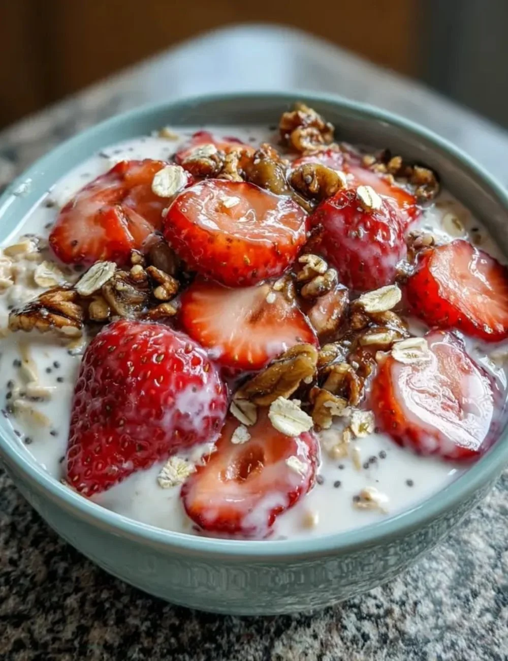 Delicious strawberry overnight oats topped with fresh strawberries and seeds