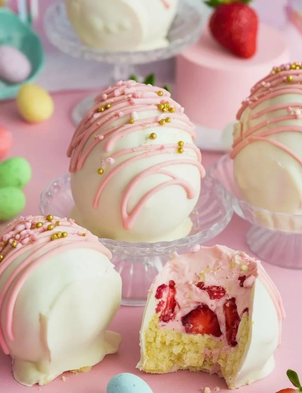Delicious Strawberry Shortcake Easter Egg Bombs ready for a festive celebration.