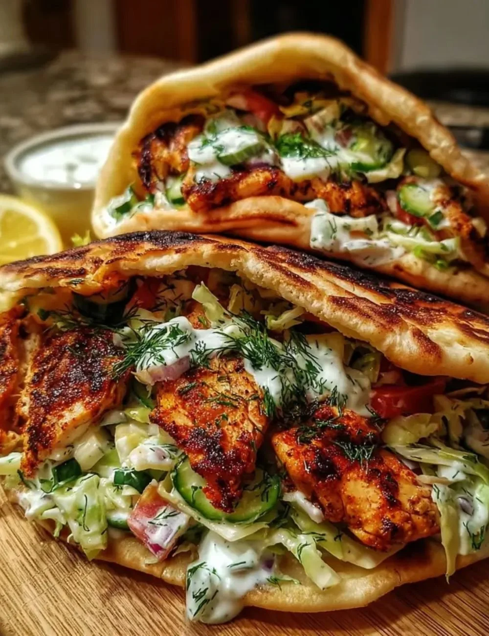 Delicious flavor-packed chicken pitas ready to serve.