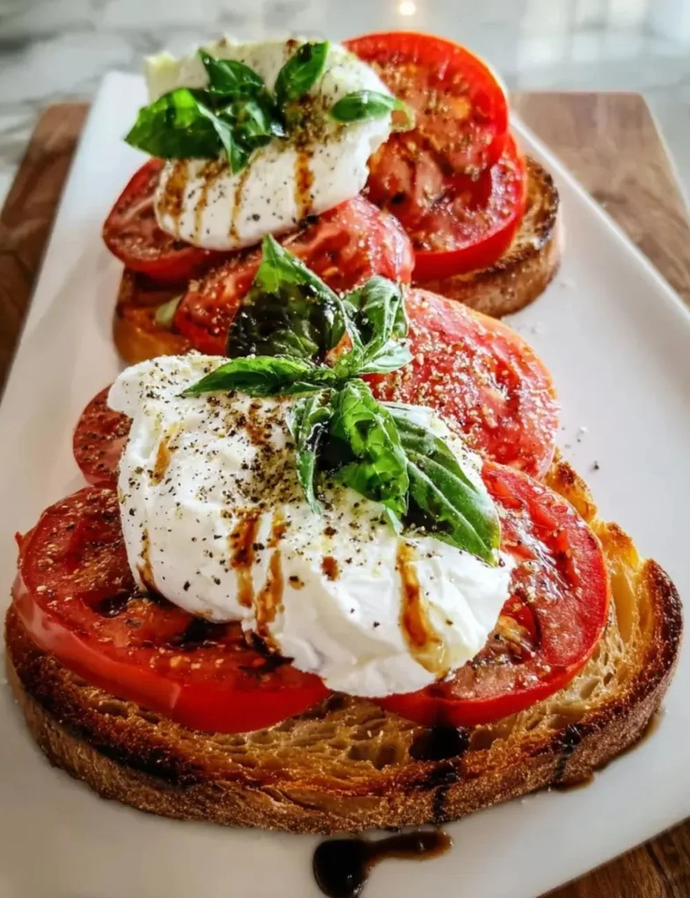 Delicious Tomato Burrata Toast topped with fresh tomatoes and basil.