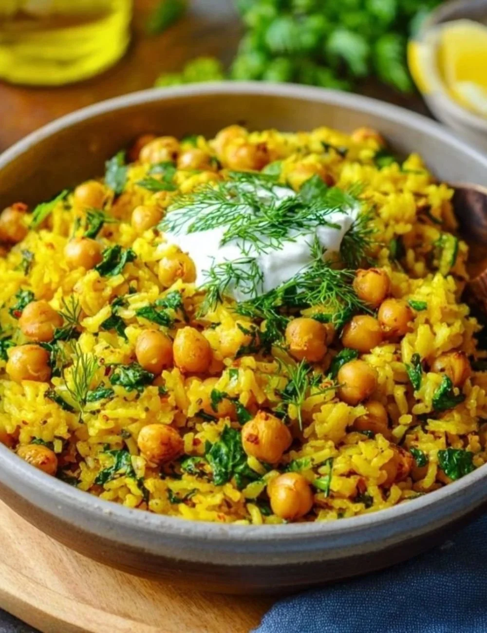 Bowl of turmeric rice with chickpeas garnished with fresh herbs