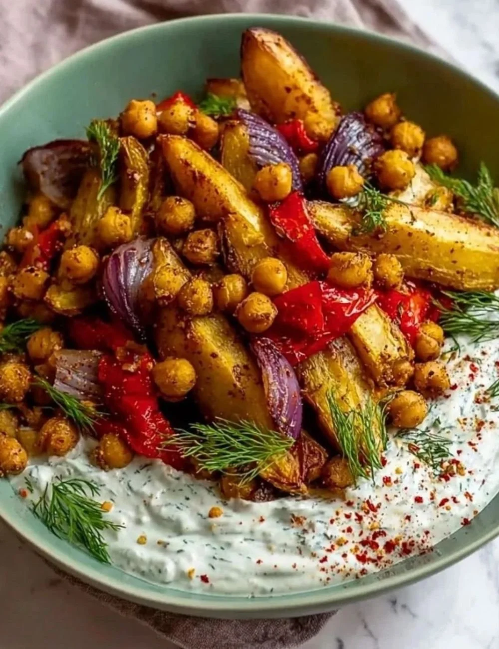 Vegan Mediterranean Bowl featuring roasted vegetables and fresh ingredients