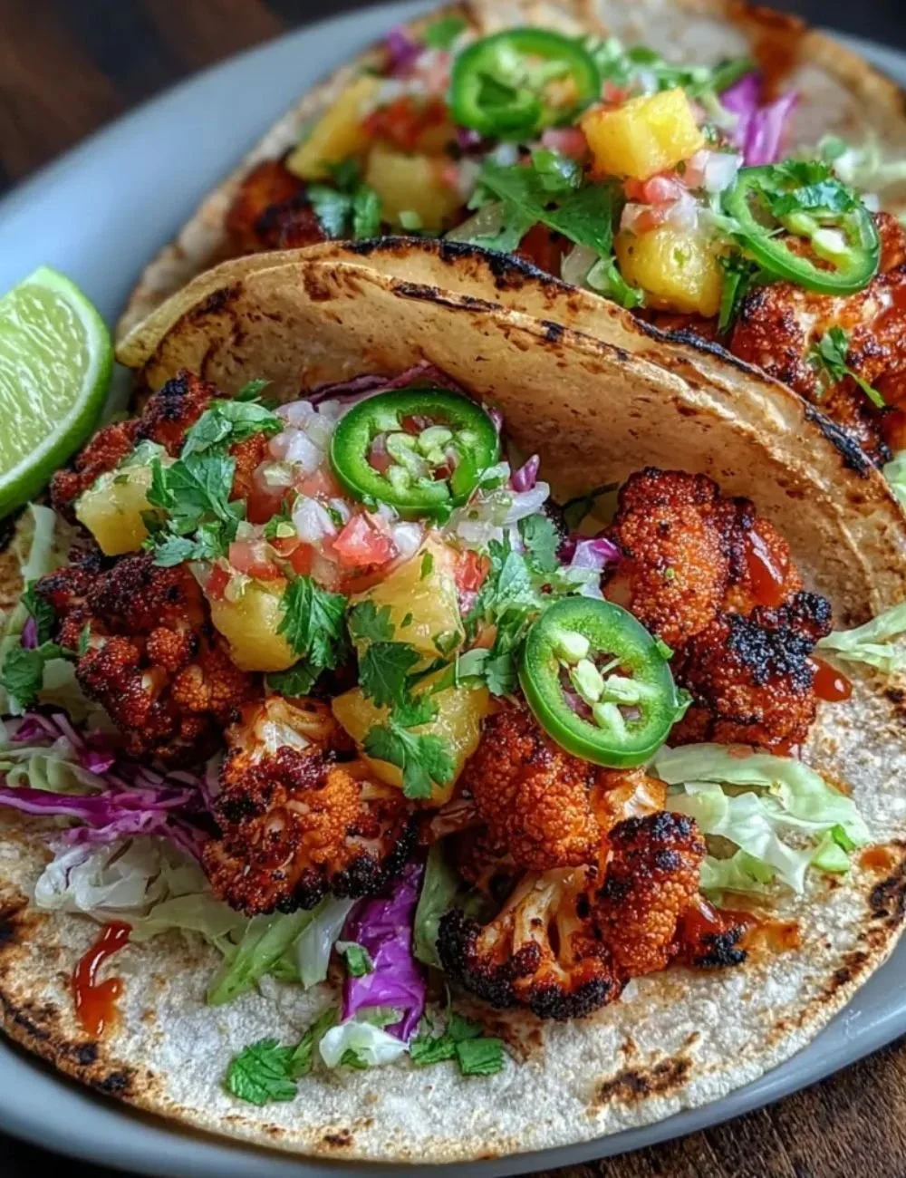 Vegan smoky BBQ cauliflower tacos served with fresh toppings on a plate.