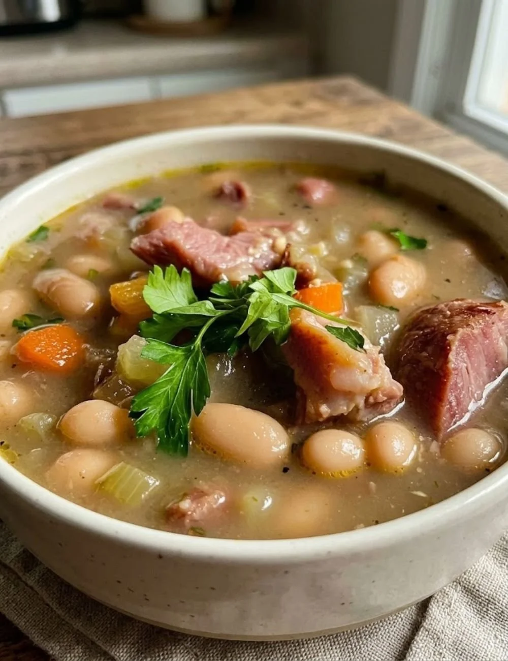 Bowl of white bean and ham hock soup garnished with herbs and served hot.