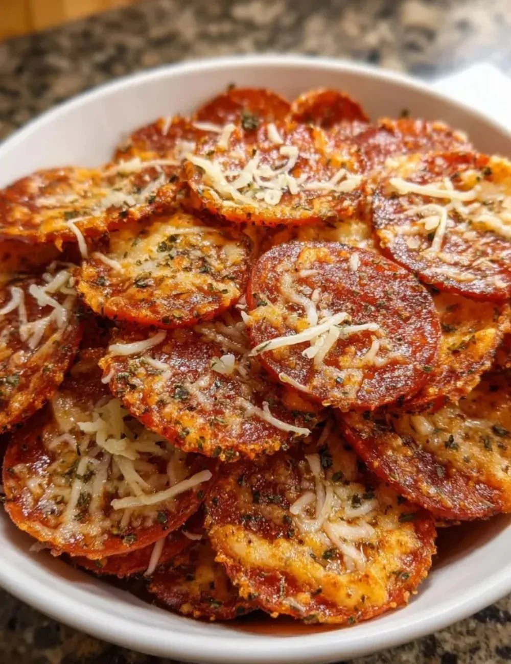 Crispy Air Fryer Pepperoni Pizza Chips served in a bowl