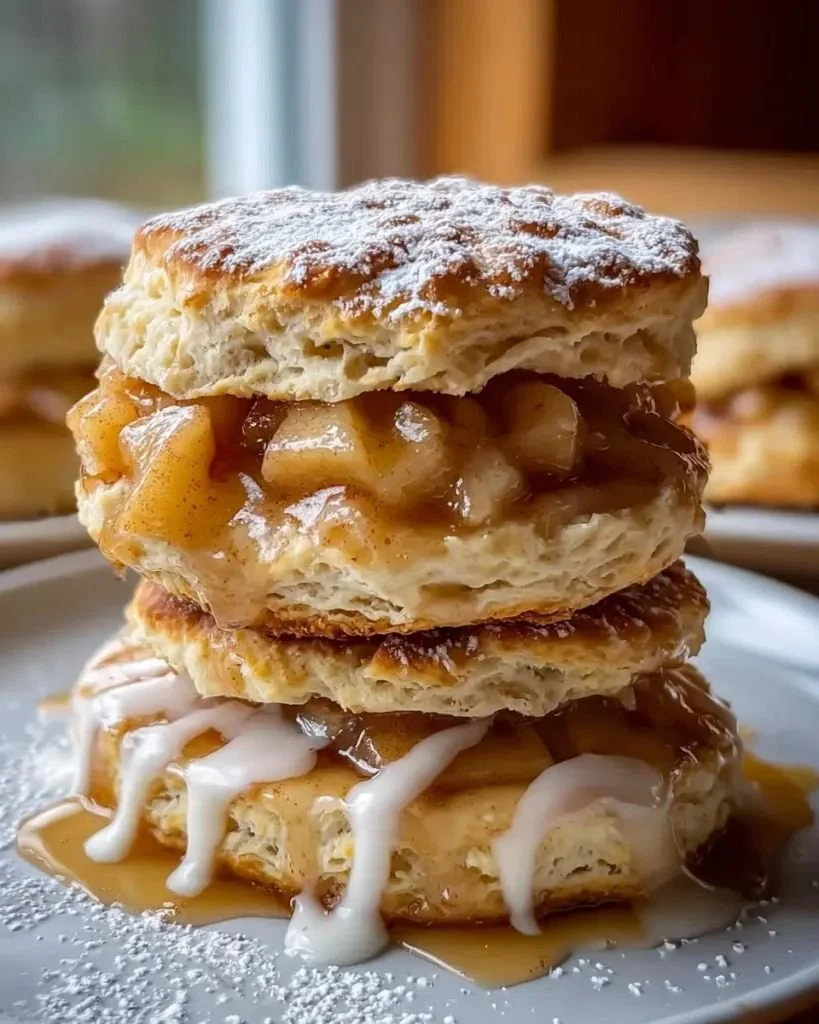 Apple pie biscuit sandwiches served on a plate, topped with cinnamon and icing.