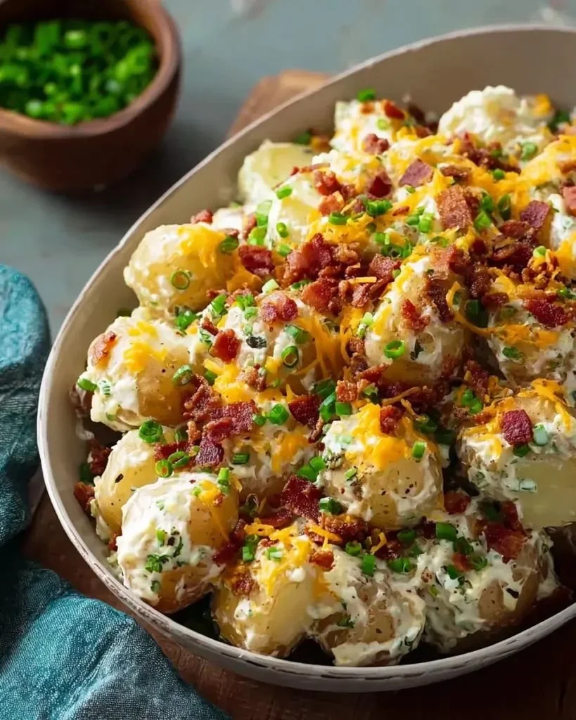 Bacon loaded potato salad served in a bowl, perfect for a crowd.