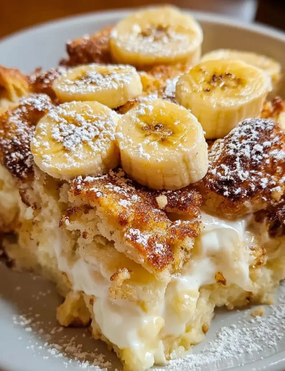 Delicious Banana Cream Cheese Cobbler served in a baking dish