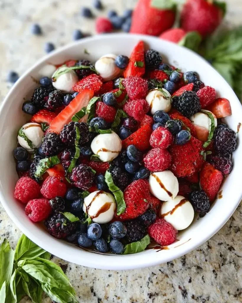 Berry Caprese Salad with fresh strawberries, blueberries, and mozzarella cheese.