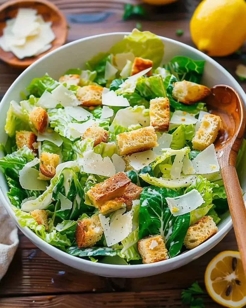 Delicious Caesar Salad with romaine, croutons, and creamy dressing