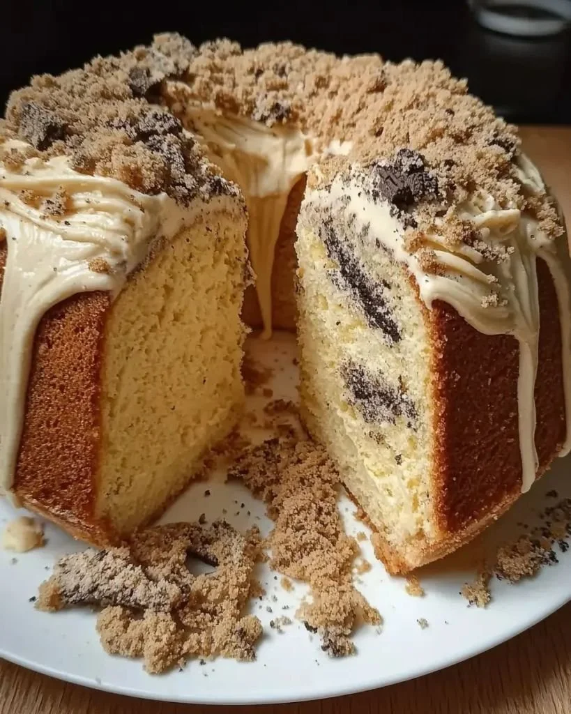 Slice of Blondie Oreo Buttermilk Pound Cake on a plate, showcasing its rich texture