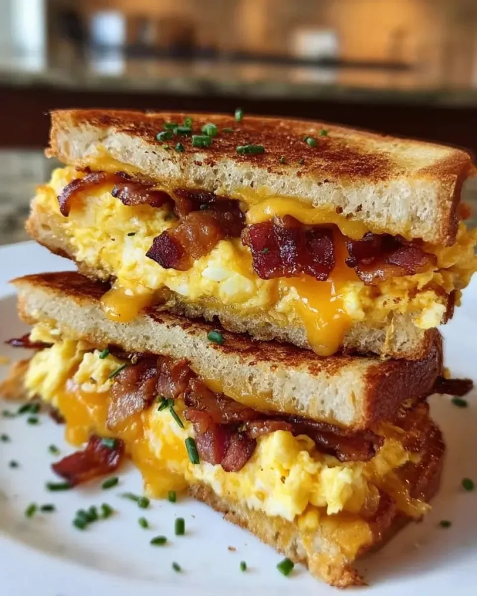 Breakfast grilled cheese sandwich with scrambled eggs and crispy bacon