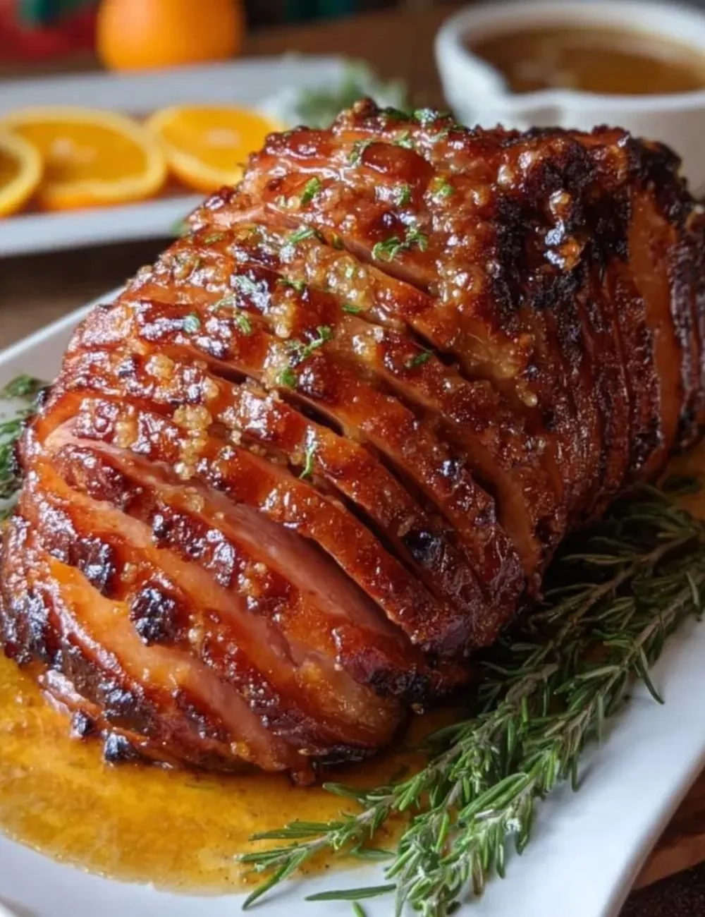 Delicious brown sugar glazed ham with a honey orange glaze, ready for serving.