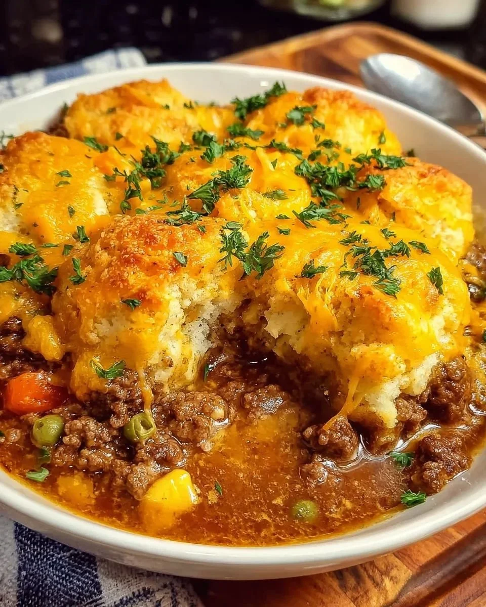 Delicious Cheddar Bay Ground Beef Cobbler served in a baking dish