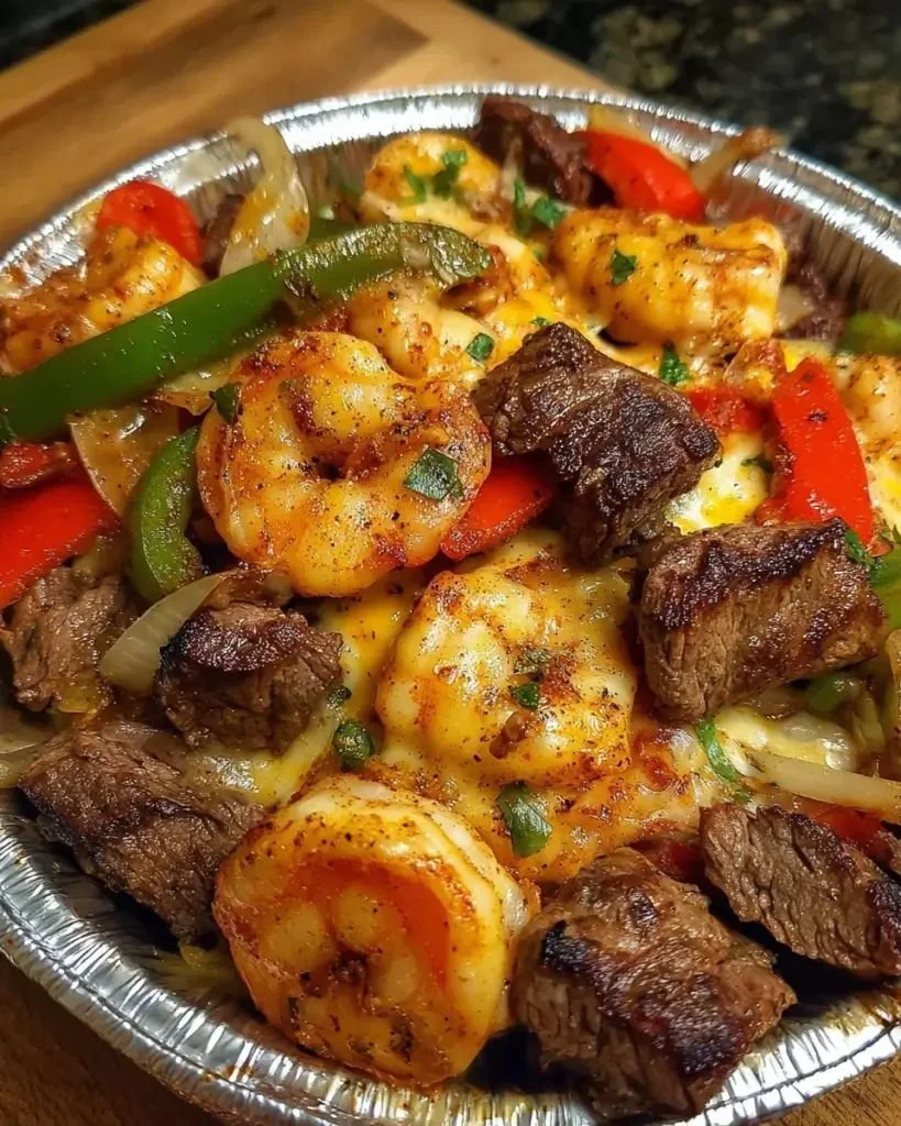 Cheesy steak and shrimp skillet bowl with colorful vegetables