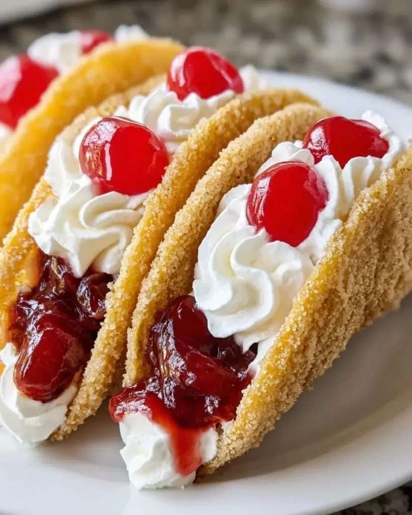 Cherry cheesecake tacos topped with sweet cherries and drizzled with chocolate sauce.