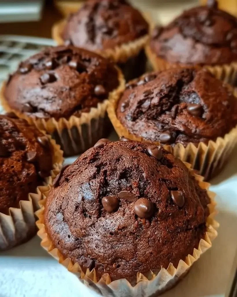 Freshly baked chocolate sourdough muffins on a wooden table