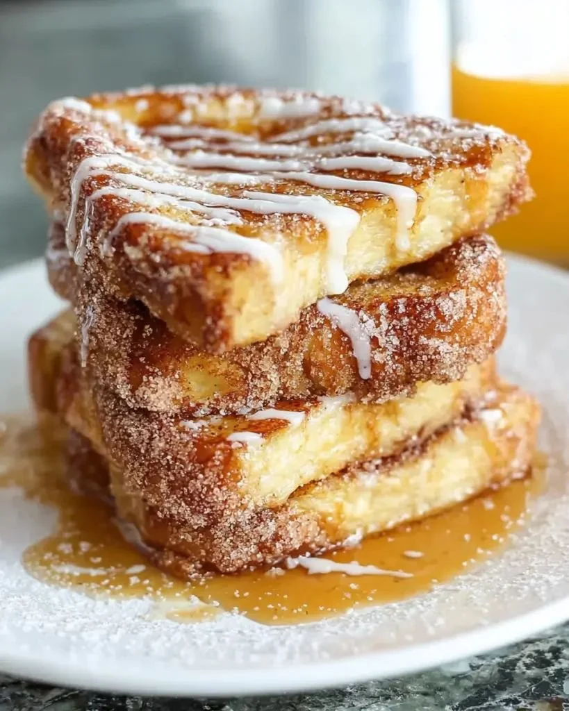 Plate of Churro French Toast topped with cinnamon sugar and whipped cream
