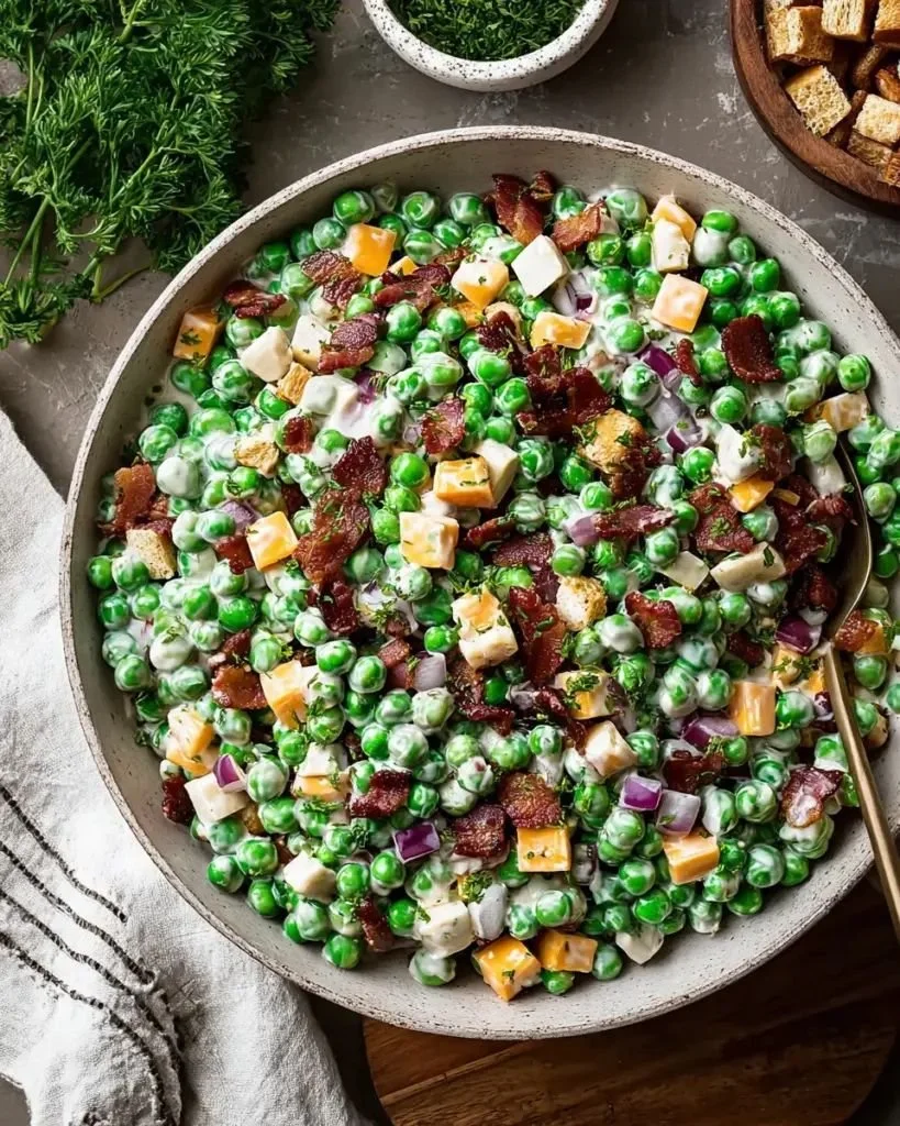 Classic pea salad with fresh peas, onions, and creamy dressing in a bowl.
