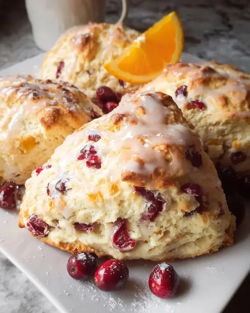 Freshly baked Cranberry Orange Scones with a golden crust and cranberry filling.