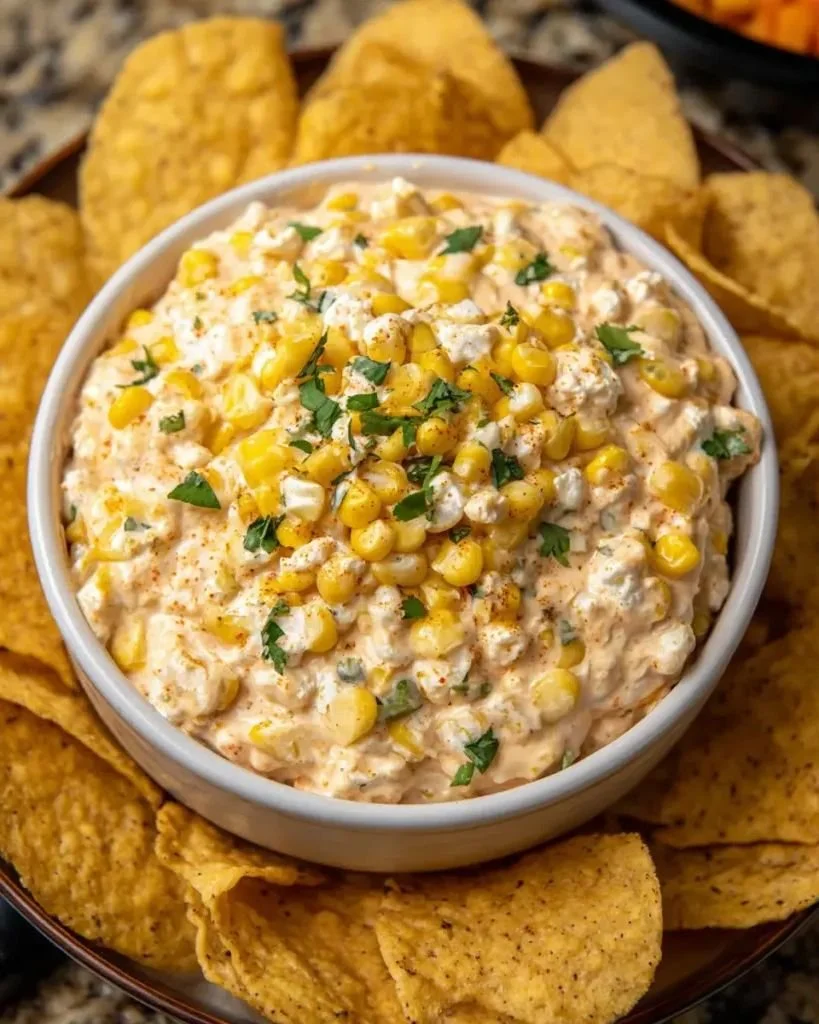 Delicious creamy Mexican corn dip served in a bowl with tortilla chips.