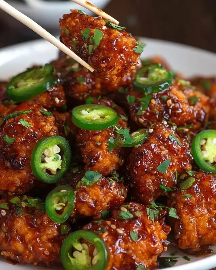 Crispy spicy jalapeño chicken garnished with fresh herbs