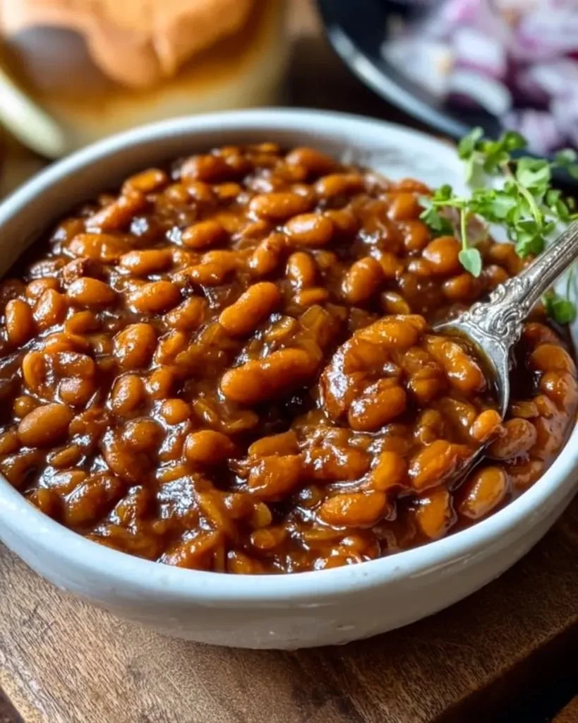 Flavorful crockpot baked beans simmering in a slow cooker