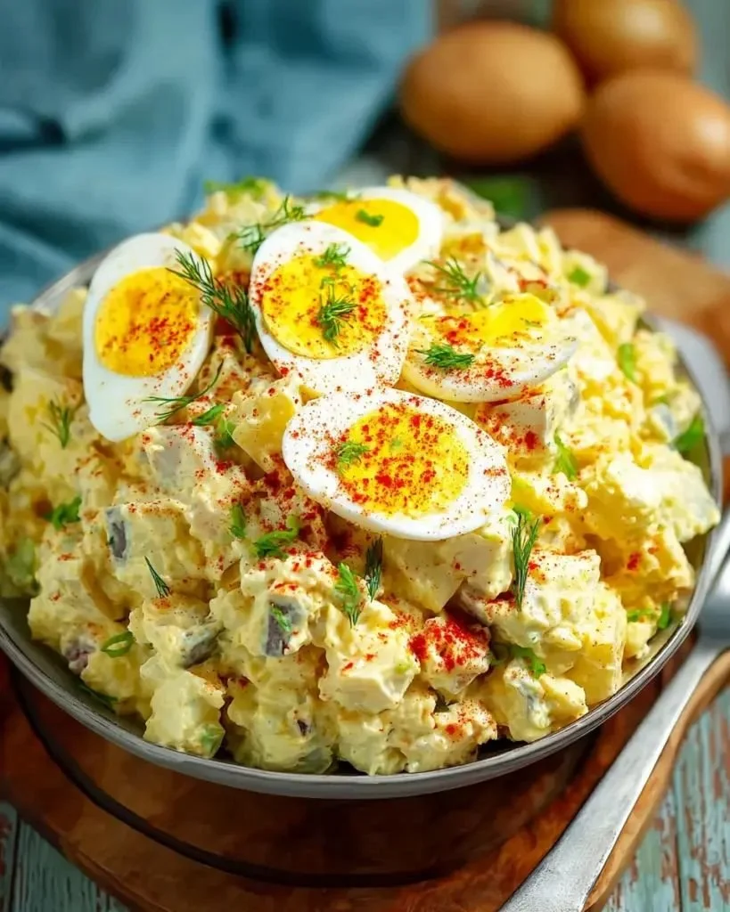 Delicious deviled egg potato salad served in a bowl with fresh herbs.