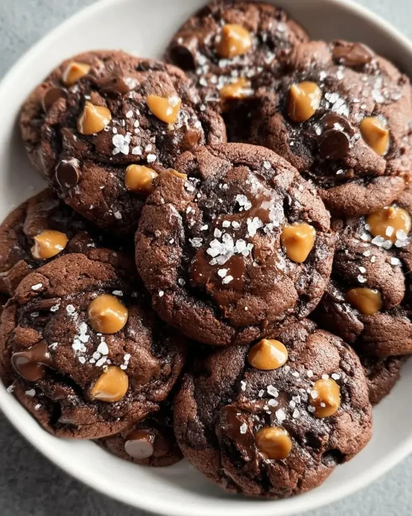 Freshly baked double chocolate salted caramel cookies on a plate
