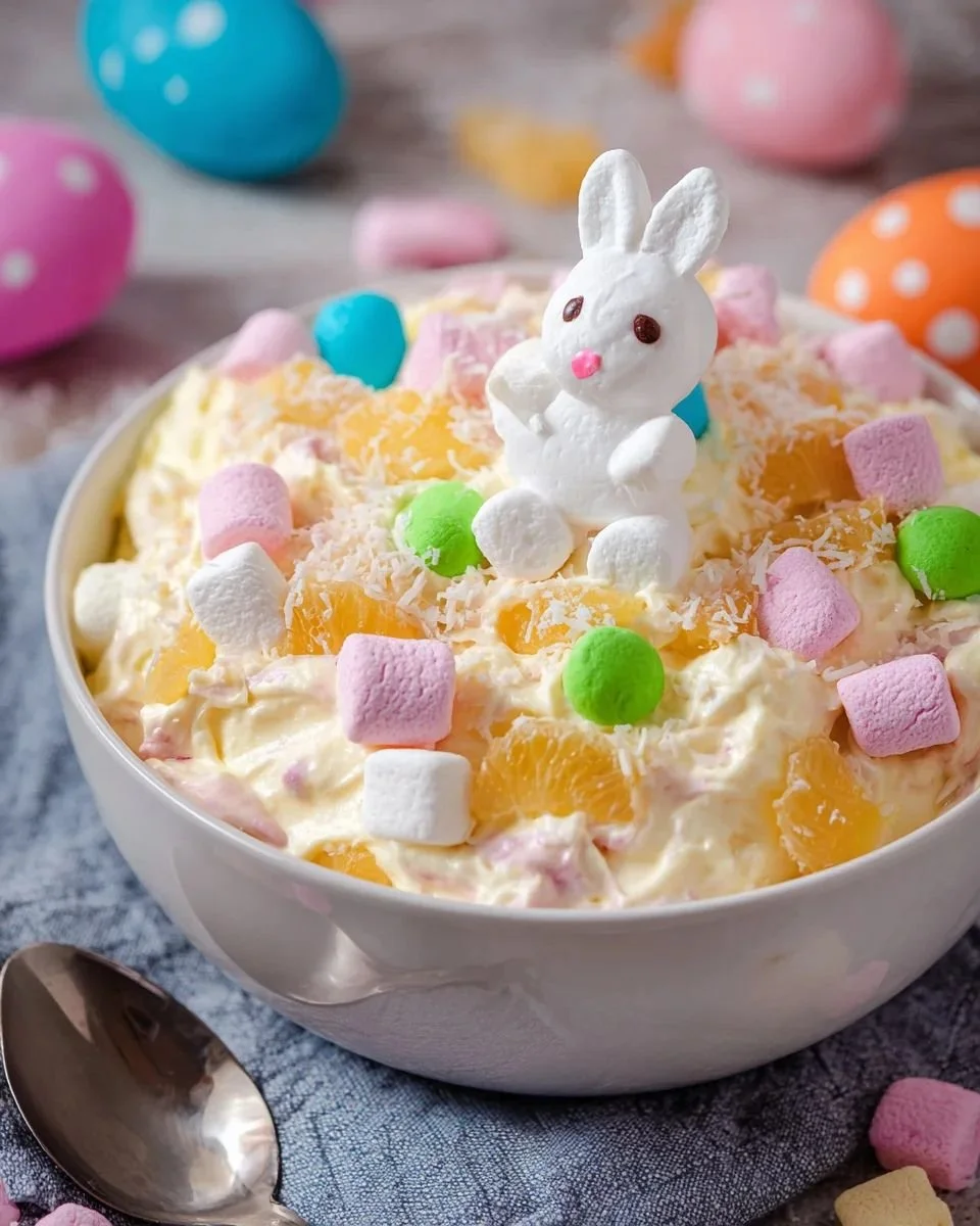 A vibrant bowl of Easter Fluff Salad with fruits and marshmallows, perfect for spring gatherings.